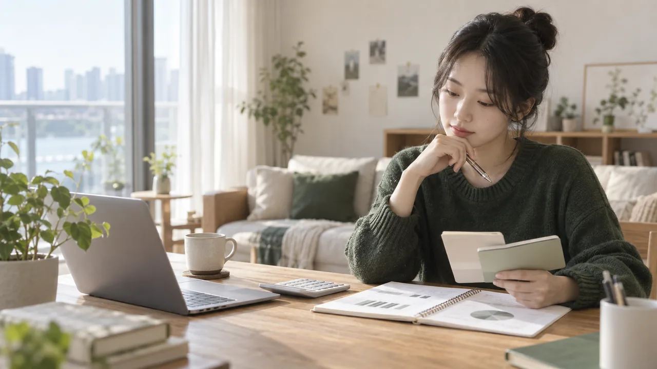 청년이 집에서 노트북과 계산기로 저축 계획을 검토하는 모습